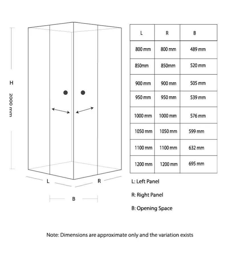Square Semi-Frameless Sliding Door Shower Screen with Centre Opening Specification