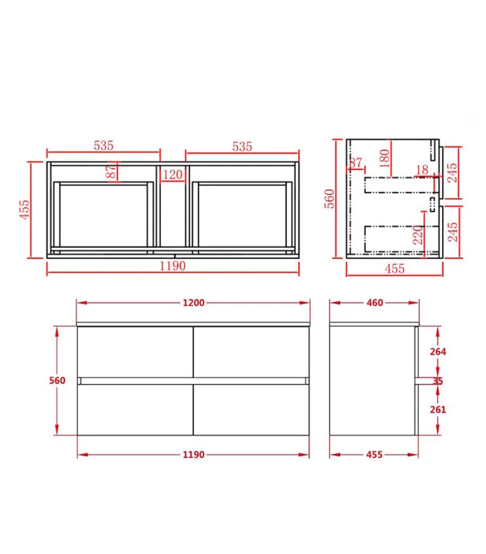 Technical Drawing For Citi 1200mm Single Bowl PVC Wall Hung Vanity