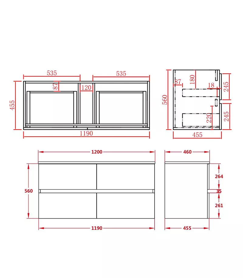 Technical Drawing For Citi 1200mm Single Bowl PVC Wall Hung Vanity