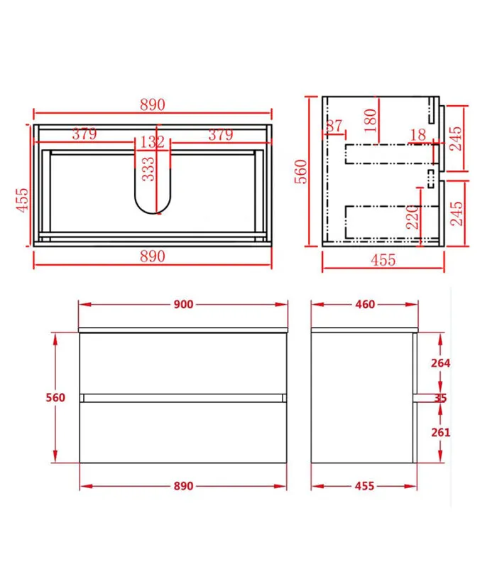 Technical Drawing For Citi 900mm PVC Wall Hung Vanity