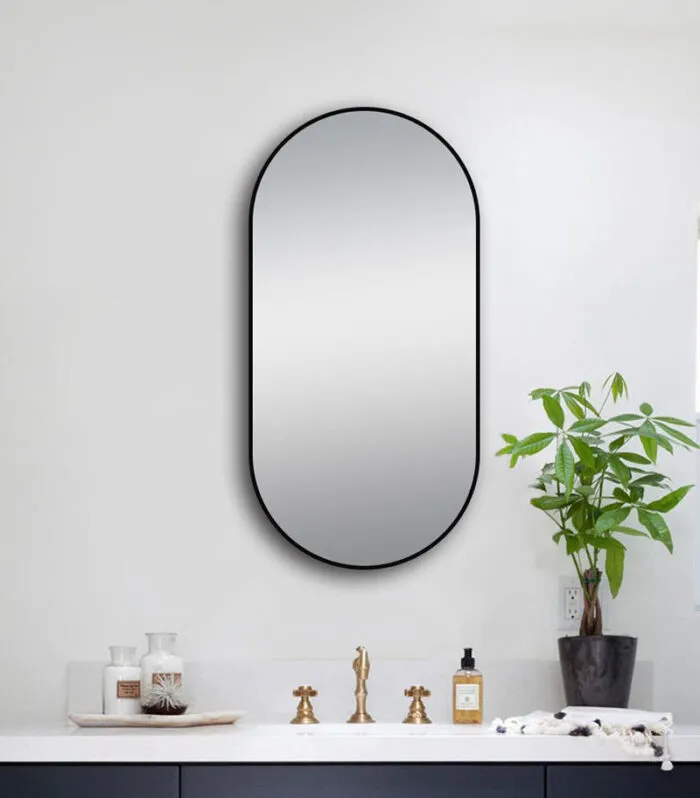 Aqua Aluminum Frame Oval Hanging Mirror - Matte Black | With Background