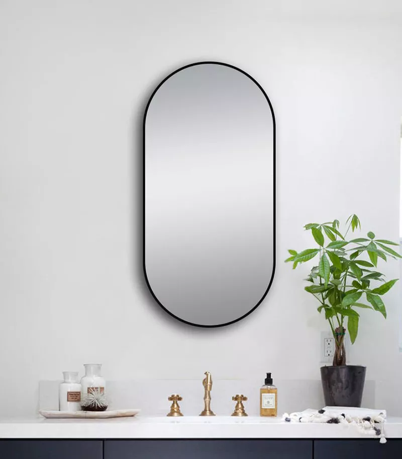 Aqua Aluminum Frame Oval Hanging Mirror - Matte Black | With Background