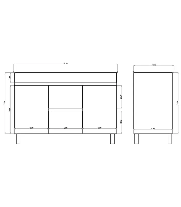 Technical Drawing For Oxley Gloss White 1200mm Double Bowls PVC Freestanding Vanity Cabinet