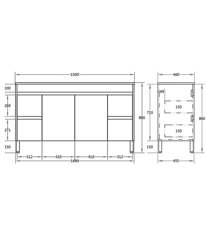Technical Drawing For Oxley Gloss White 1500mm Single/Double Bowl PVC Freestanding Vanity