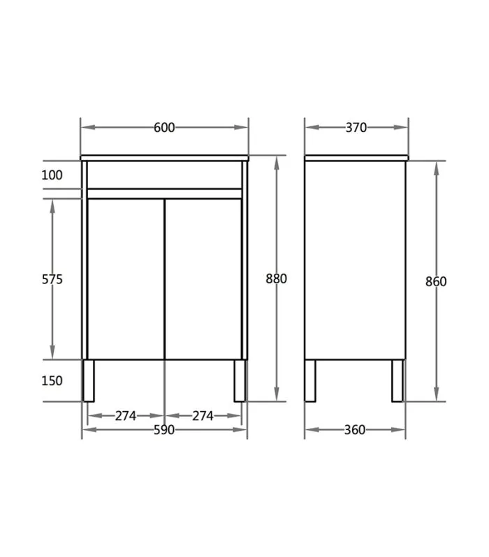 600mm x 365mm x 880mm Oxley Narrow Ceramic Top PVC Vanity With Legs or Kickboard