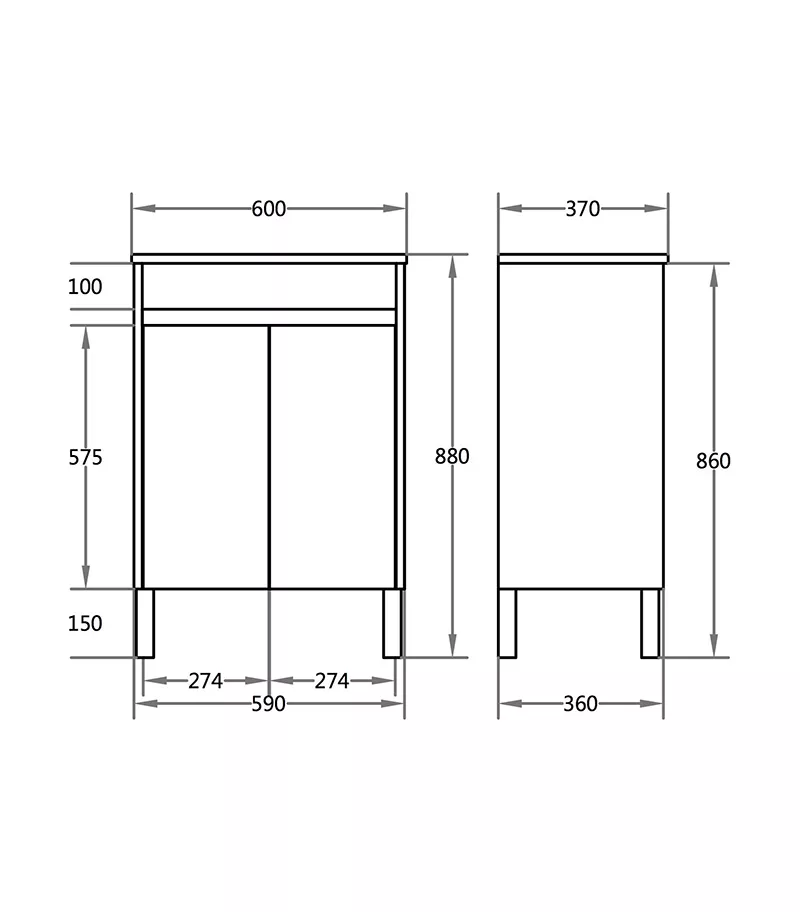 600mm x 365mm x 880mm Oxley Narrow Ceramic Top PVC Vanity With Legs or Kickboard