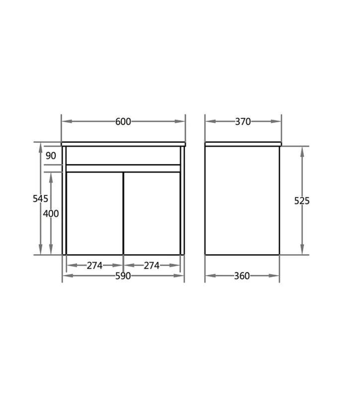 600mm x 365mm x 545mm Bexley Narrow Ceramic Top PVC Wall Hung Vanity