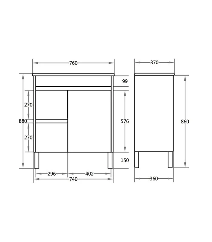 750mm x 365mm x 880mm Oxley Narrow Ceramic Top PVC Vanity With Legs or Kickboard