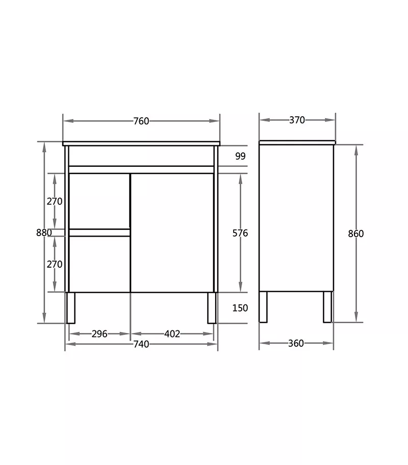 750mm x 365mm x 880mm Oxley Narrow Ceramic Top PVC Vanity With Legs or Kickboard