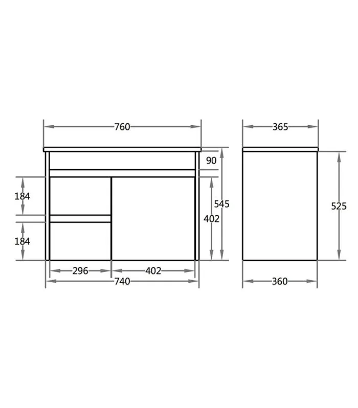 750mm x 365mm x 545mm Bexley Narrow Ceramic Top PVC Wall Hung Vanity