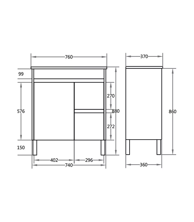 750mm x 365mm x 880mm Oxley Narrow Ceramic Top PVC Vanity With Legs or Kickboard