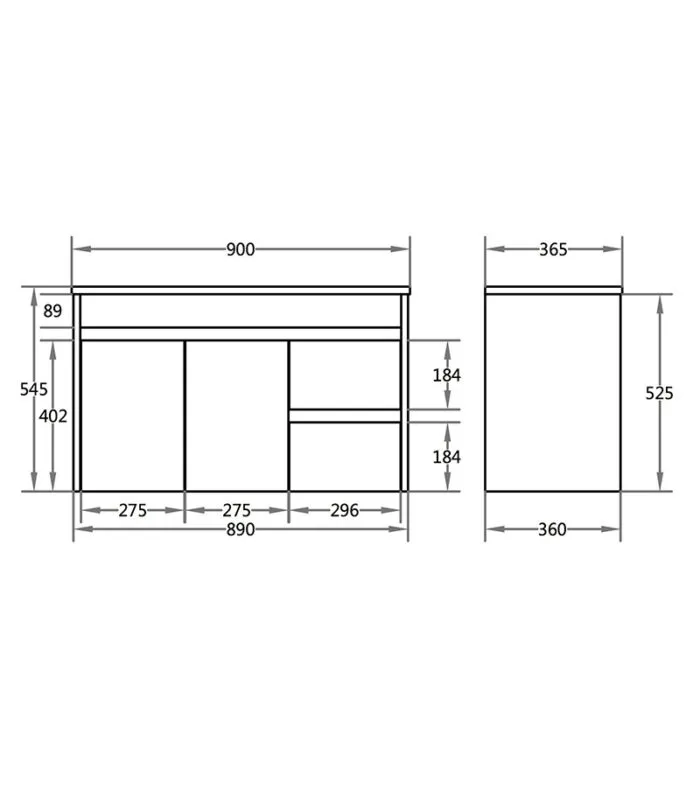 900mm x 365mm x 545mm Bexley Narrow Ceramic Top PVC Wall Hung Vanity