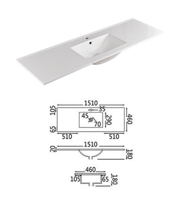 1500mm Single Square Bowl Ceramic Top With Dimension For Vanity Units