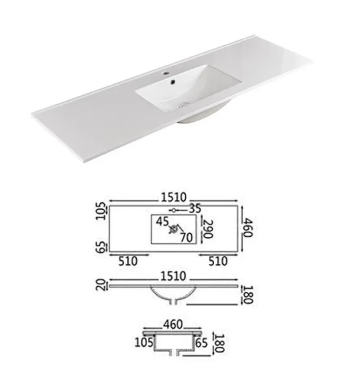 1500mm Single Square Bowl Ceramic Top With Dimension For Vanity Units