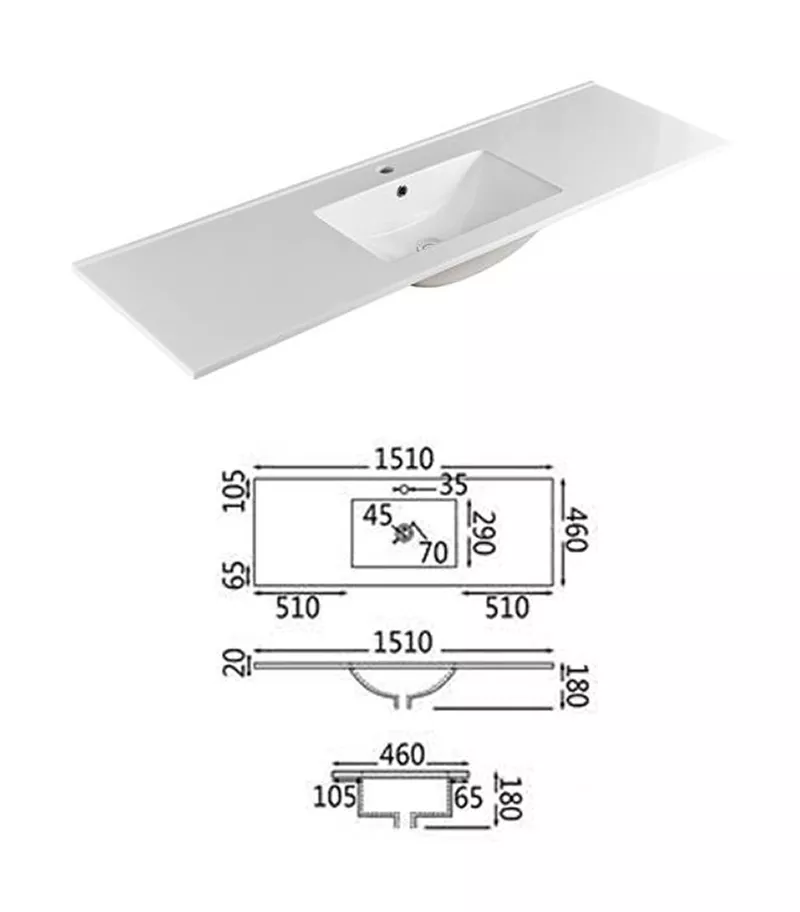 1500mm Single Square Bowl Ceramic Top With Dimension For Vanity Units