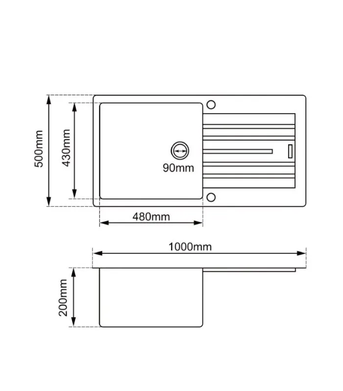 Arete 1000mm Granite Single Bowl Sink with Drainboard - Specification
