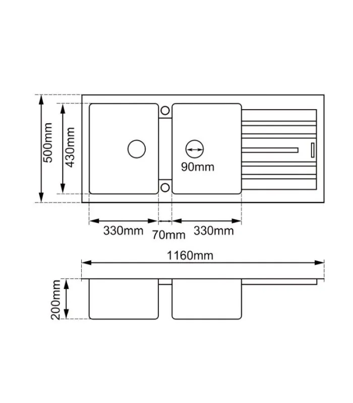 Arete 1160mm Granite Double Bowl Sink with Drainboard - Specification