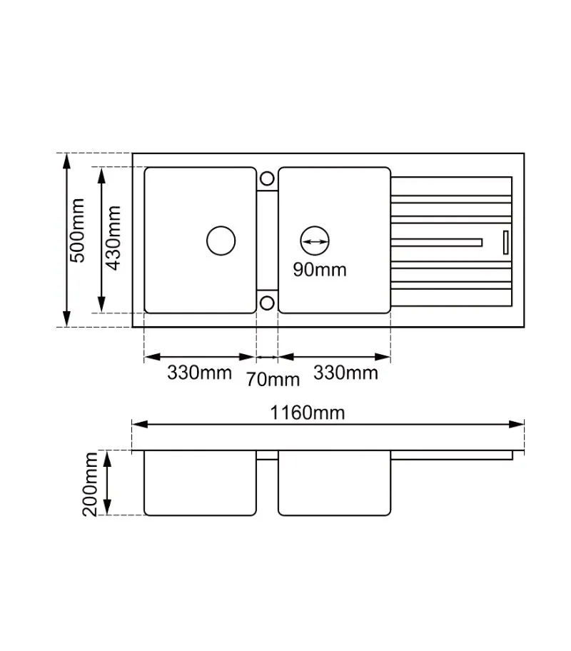 Arete 1160mm Granite Double Bowl Sink with Drainboard - Specification