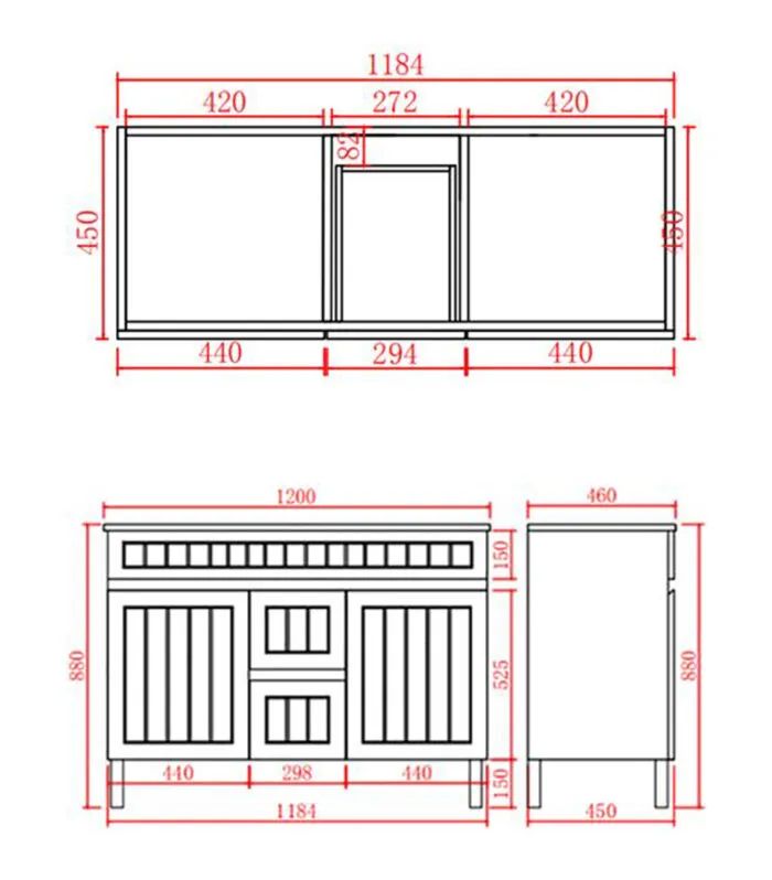 Technical Drawing For Acacia Shaker 1200mm Double Bowls PVC Freestanding Vanity