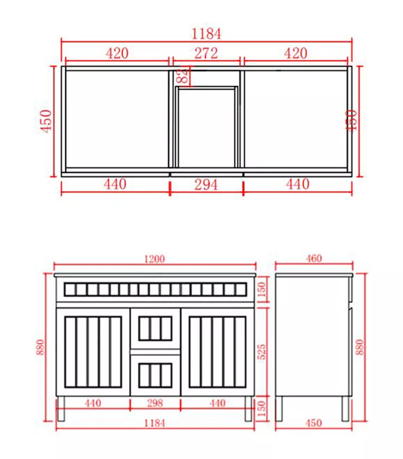 Technical Drawing For Acacia Shaker 1200mm Double Bowls PVC Freestanding Vanity