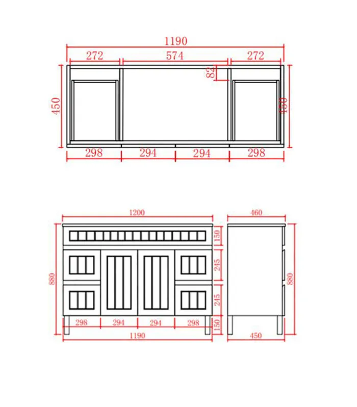 Technical Drawing For Acacia Shaker 1200mm Single Bowl PVC Freestanding Vanity