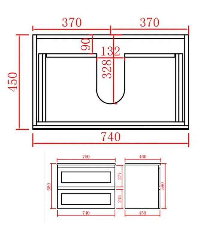Technical Drawing For Fremantle 750mm PVC Wall Hung Vanity