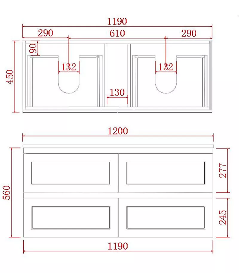 Technical Drawing For Fremantle 1200mm Single/Double Bowl PVC Wall Hung Vanity
