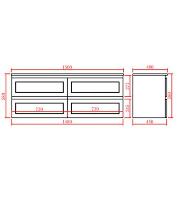 Technical Drawing For Fremantle 1500mm Double Bowls PVC Wall Hung Vanity