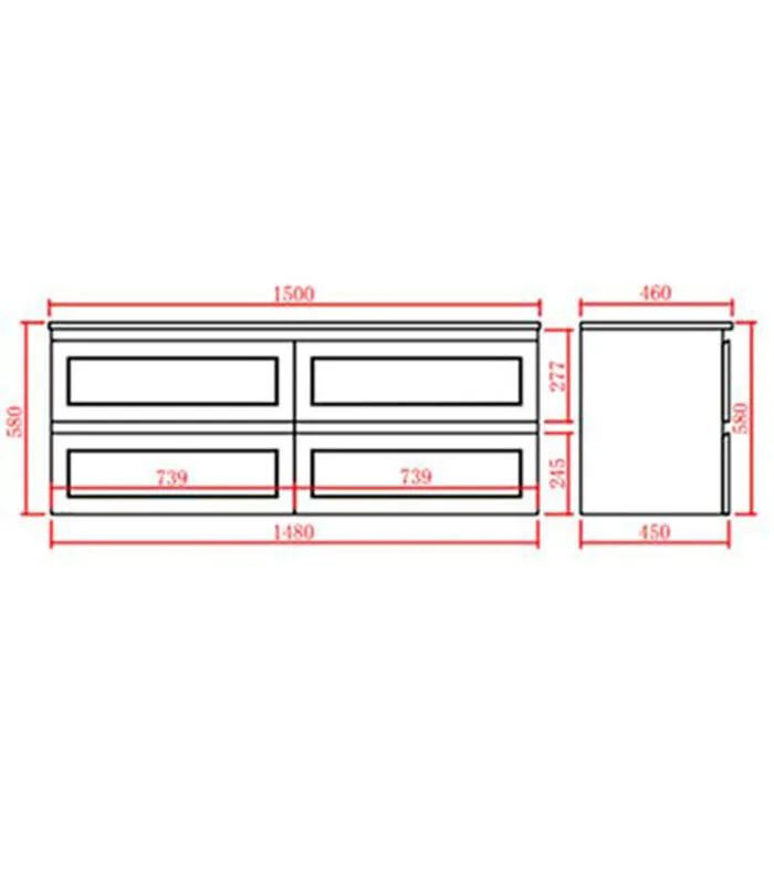 Technical Drawing For Fremantle 1500mm Double Bowls PVC Wall Hung Vanity