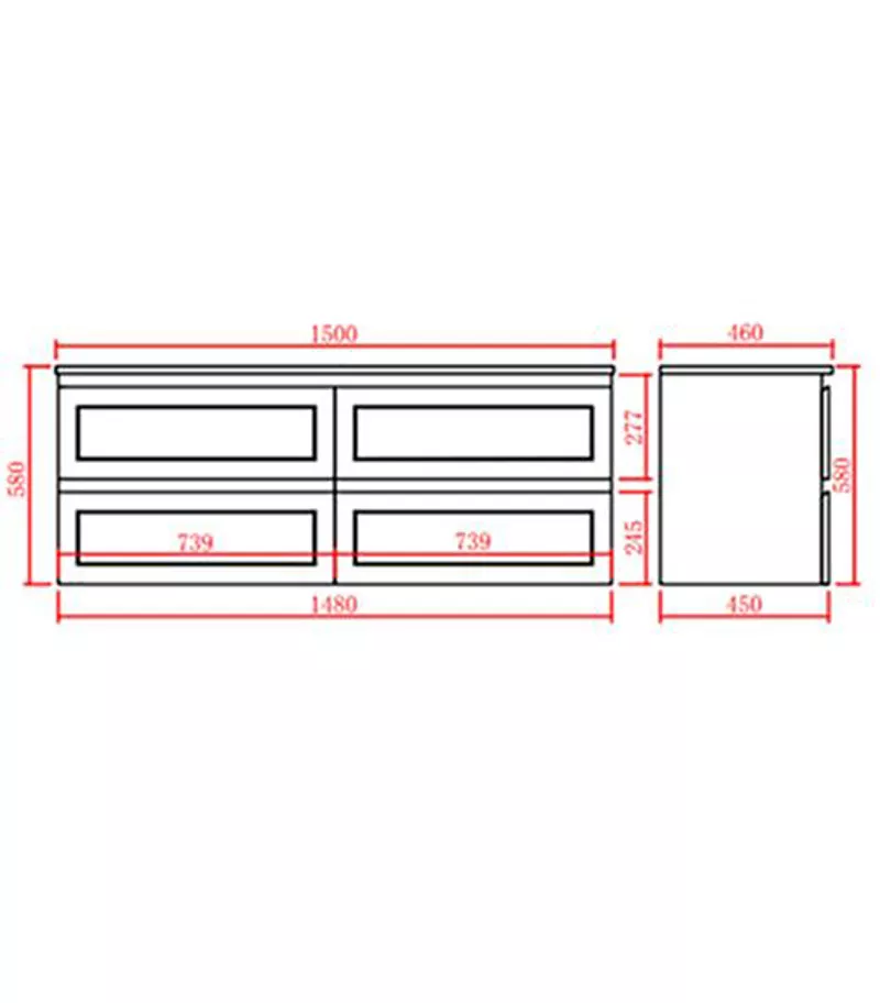 Technical Drawing For Fremantle 1500mm Double Bowls PVC Wall Hung Vanity