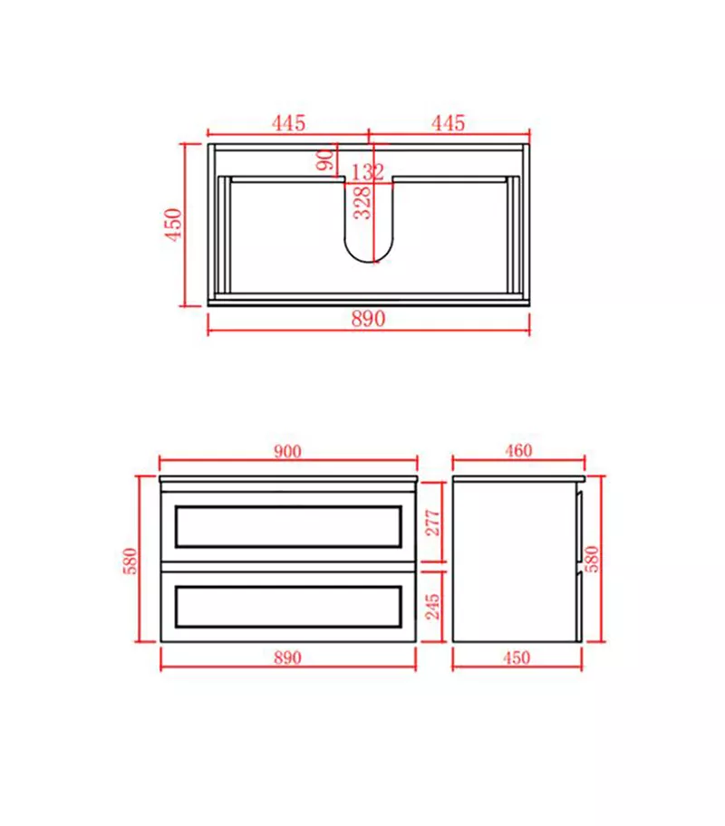 Technical Drawing For Fremantle 900mm PVC Wall Hung Vanity