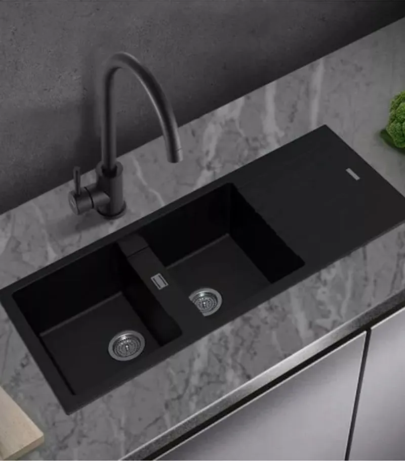 Arete 1160mm Granite Double Bowl Sink with Drainboard - Matt Black | Lifestyle