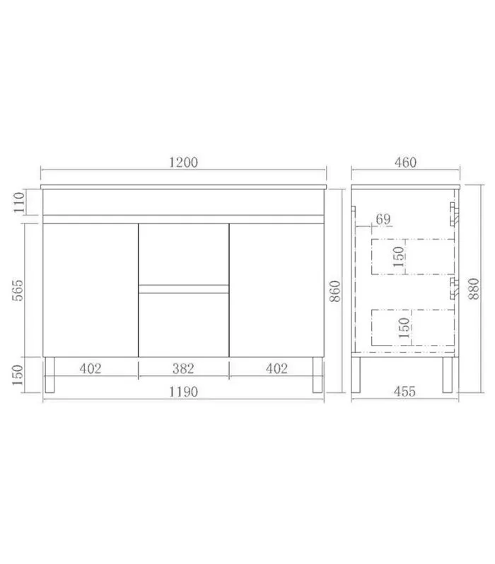 Technical Drawing For Avie 1200mm Double Bowls PVC Freestanding Vanity