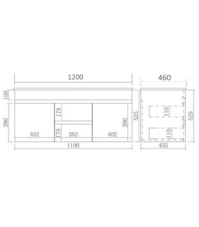 Technical Drawing For Avie 1200mm Double Bowls PVC Wall Hung Vanity