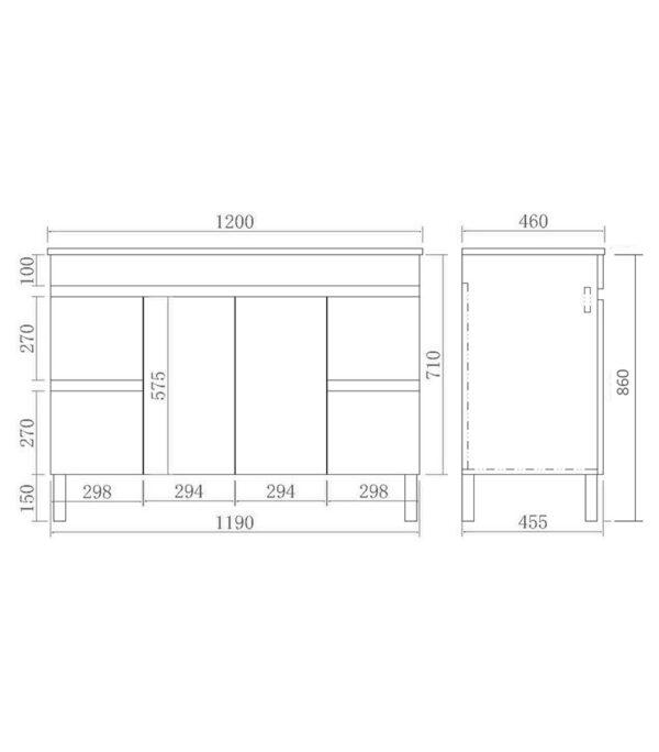 Technical Drawing For Avie 1200mm Single Bowl PVC Freestanding Vanity