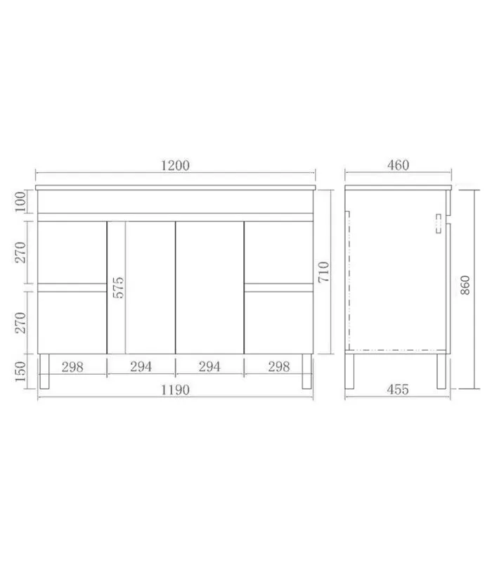 Technical Drawing For Avie 1200mm Single Bowl PVC Freestanding Vanity