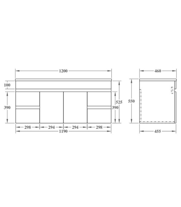 Technical Drawing For Avie 1200mm Single Bowl PVC Wall Hung Vanity