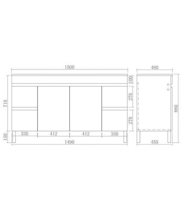 Technical Drawing For Avie 1500mm Single/Double Bowl PVC Freestanding Vanity