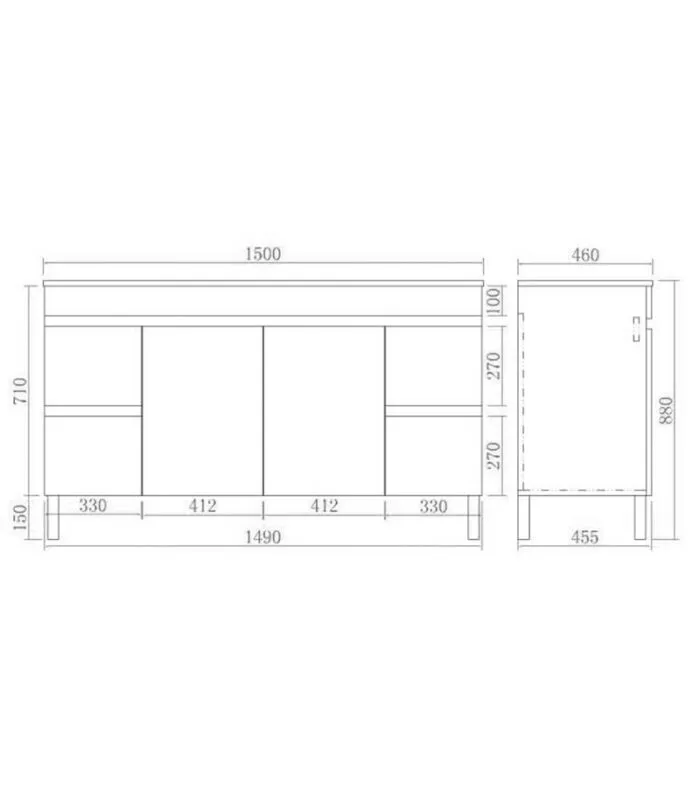 Technical Drawing For Avie 1500mm Single/Double Bowl PVC Freestanding Vanity
