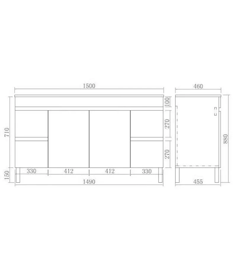 Technical Drawing For Avie 1500mm Single/Double Bowl PVC Freestanding Vanity