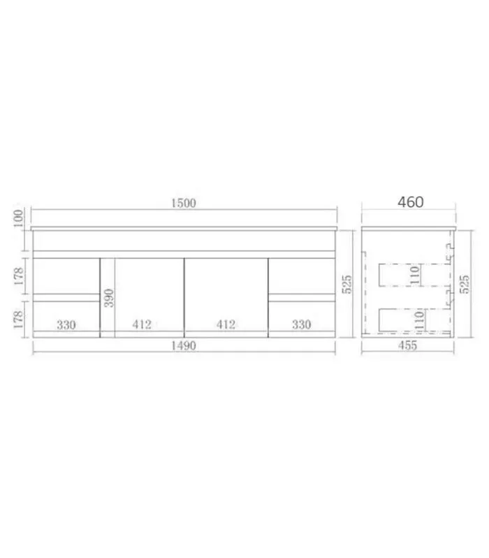 Technical Drawing For Avie 1500mm Single/Double Bowl PVC Wall Hung Vanity