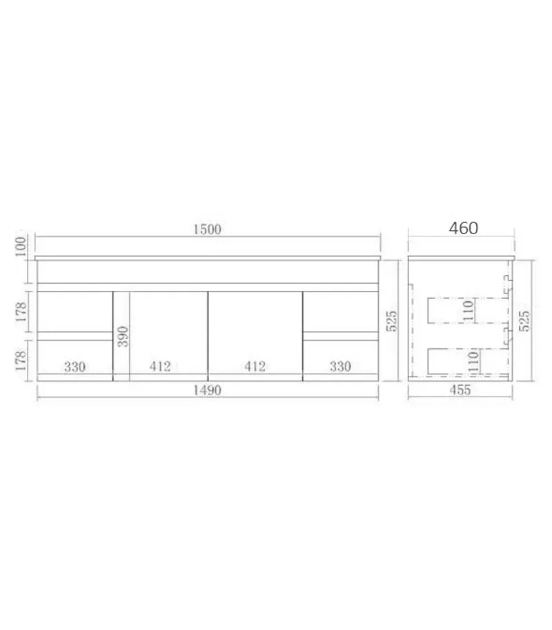 Technical Drawing For Avie 1500mm Single/Double Bowl PVC Wall Hung Vanity