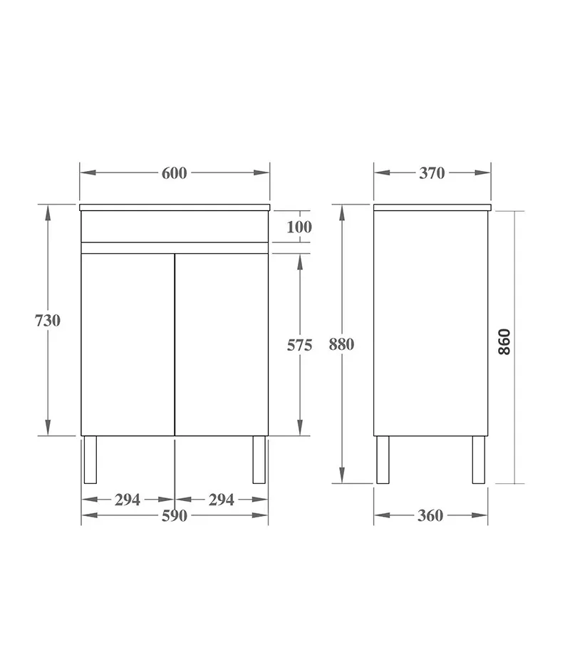 600mm x 360mm x 860mm Avie Light Oak Narrow Ceramic Top Vanity With Legs or Kickboard
