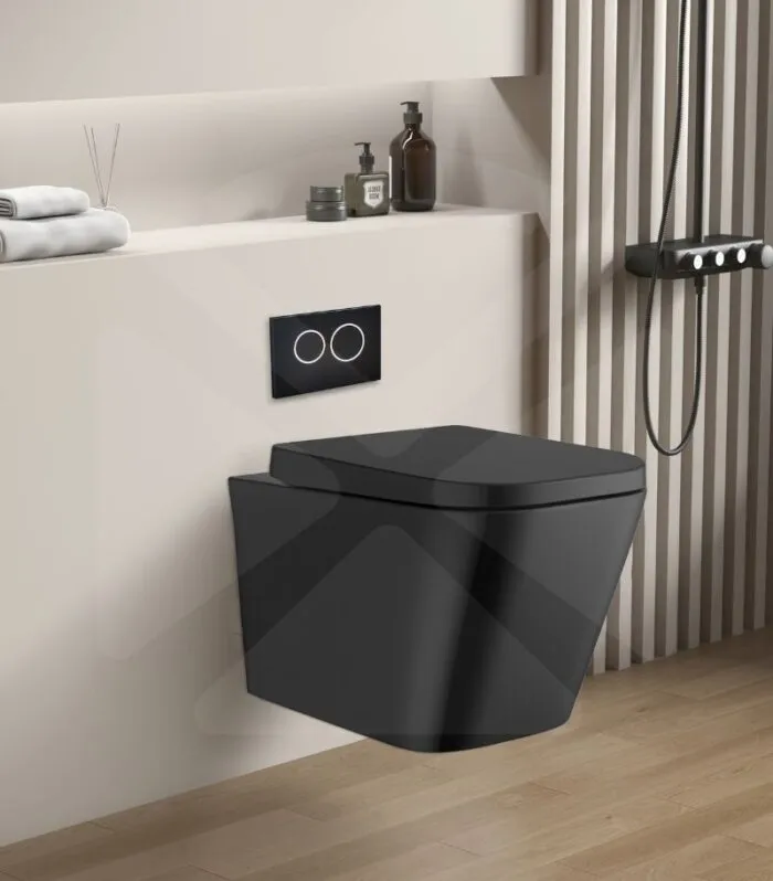 Qubist Box Rim Wall Hung Toilet Pan - Gloss Black With Background