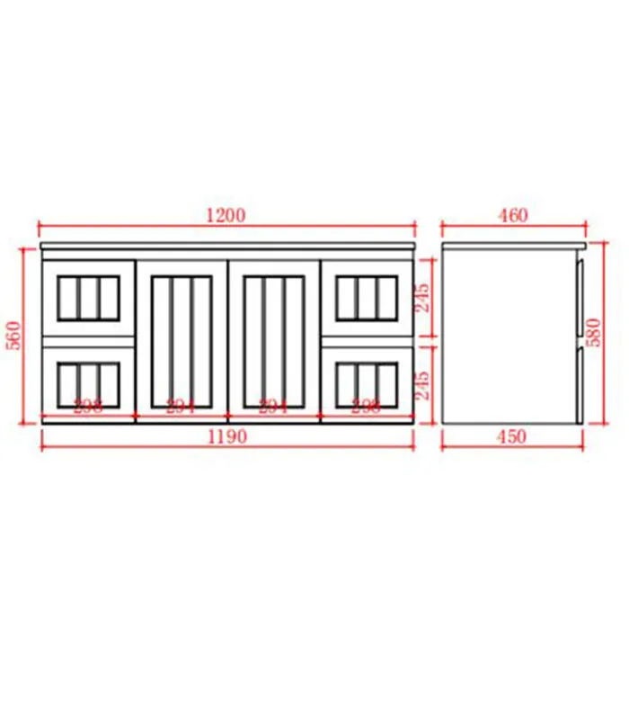 Technical Drawing For Acacia Shaker 1200mm Single Bowl PVC Wall Hung Vanity