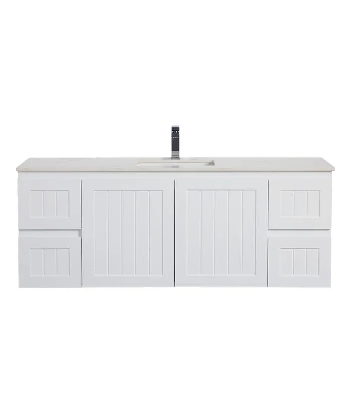 Acacia Shaker Matt White 1500mm Single Bowl PVC Wall Hung Vanity With Stonetop undermount