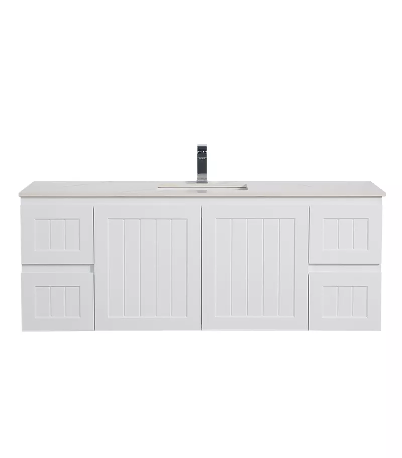 Acacia Shaker Matt White 1500mm Single Bowl PVC Wall Hung Vanity With Stonetop undermount