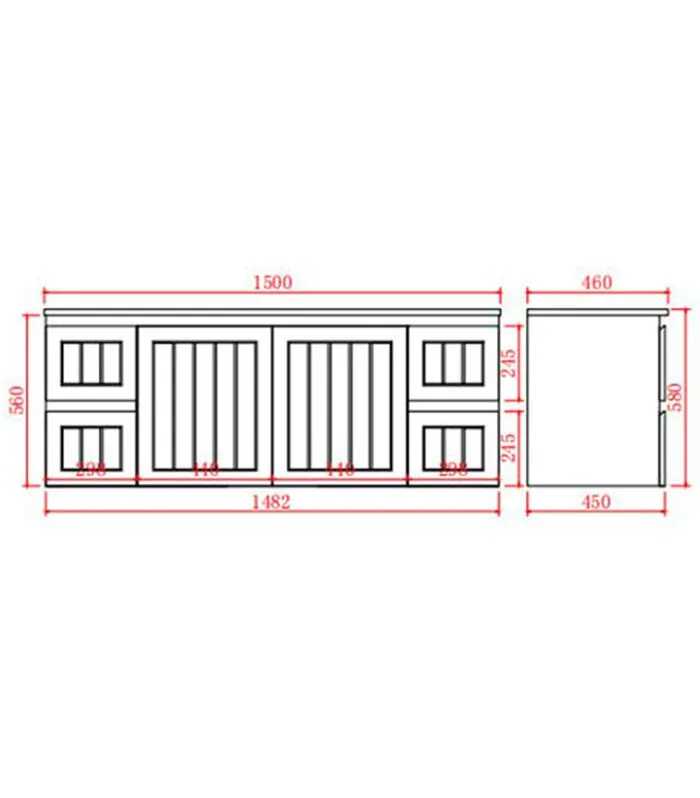 Technical Drawing For Acacia Shaker 1500mm Single/Double Bowl PVC Wall Hung Vanity