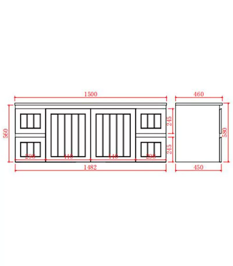 Technical Drawing For Acacia Shaker 1500mm Single/Double Bowl PVC Wall Hung Vanity