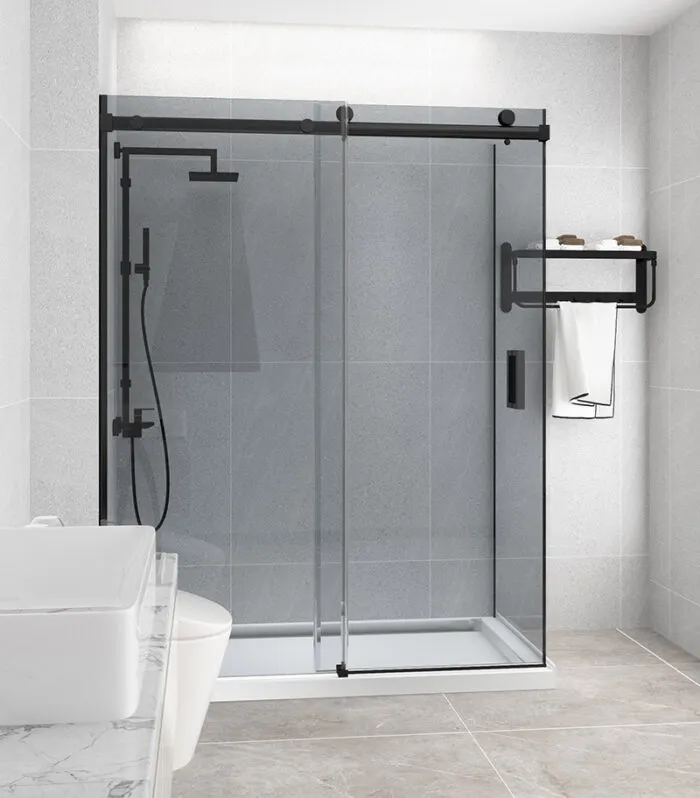 L-Shape Frameless Sliding Door Shower Screen with Grey Glass – Matte Black Fittings